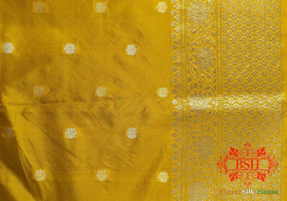 Pure Banarasi Handloom Katan Silk Antique Zari Saree In Shades Of Yellow - Bharat Silk House Pure Kataan Silk