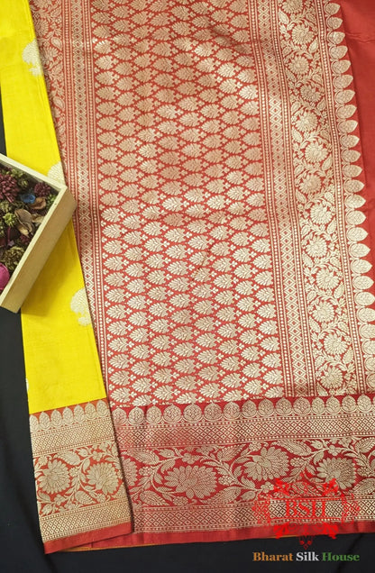 Pure Banarasi Handloom Katan Silk Antique Zari Saree In Shades Of Yellow - Bharat Silk House Pure Kataan Silk