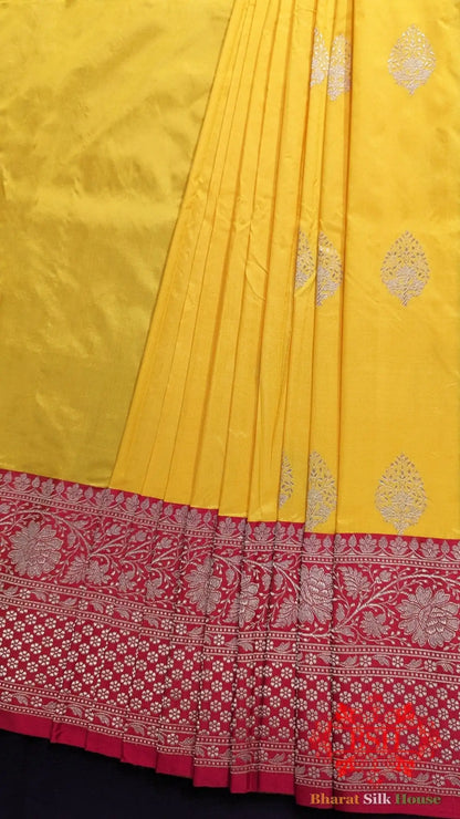 Pure Banarasi Handloom Katan Silk Antique Zari Saree In Shades Of Yellow - Bharat Silk House Pure Kataan Silk