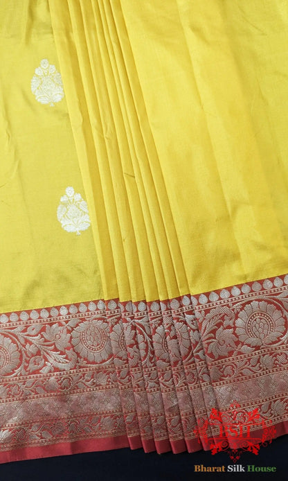 Pure Banarasi Handloom Katan Silk Antique Zari Saree In Shades Of Yellow - Bharat Silk House Pure Kataan Silk