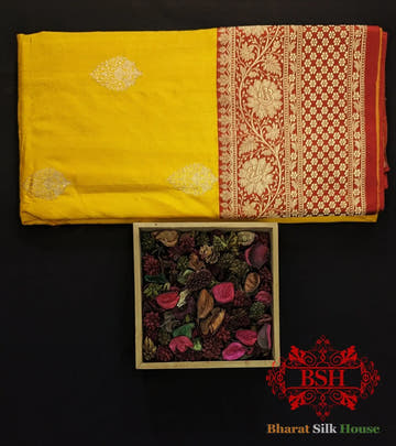 Pure Banarasi Handloom Katan Silk Antique Zari Saree In Shades Of Yellow - Bharat Silk House Pure Kataan Silk