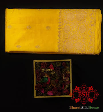 Pure Banarasi Handloom Katan Silk Antique Zari Saree In Shades Of Yellow - Bharat Silk House Pure Kataan Silk