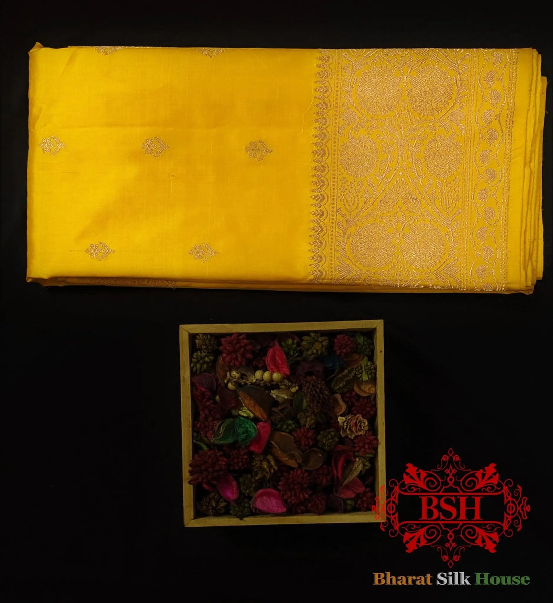 Pure Banarasi Handloom Katan Silk Antique Zari Saree In Shades Of Yellow - Bharat Silk House Pure Kataan Silk