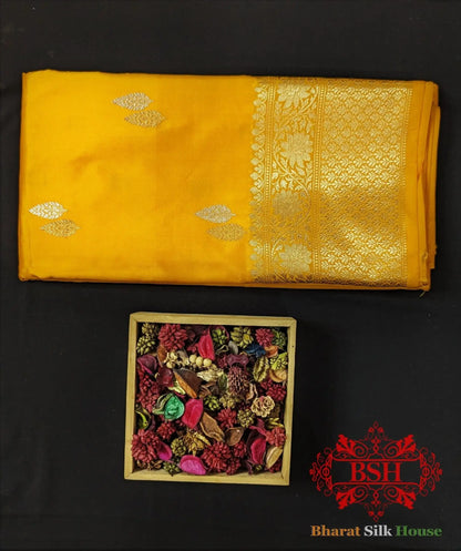 Pure Banarasi Handloom Katan Silk Antique Zari Saree In Shades Of Yellow - Bharat Silk House Pure Kataan Silk
