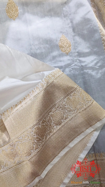 Pure Banarasi Handloom Katan Silk Dyeable Antique Zari Saree In Shades Of White - Bharat Silk House Pure Kataan Silk