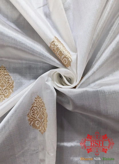 Pure Banarasi Handloom Katan Silk Dyeable Antique Zari Saree In Shades Of White - Bharat Silk House Pure Kataan Silk
