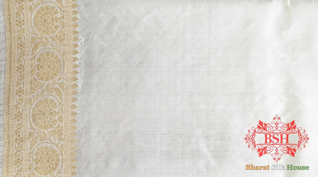 Pure Banarasi Handloom Katan Silk Dyeable Antique Zari Saree In Shades Of White - Bharat Silk House Pure Kataan Silk