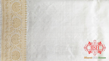 Pure Banarasi Handloom Katan Silk Dyeable Antique Zari Saree In Shades Of White - Bharat Silk House Pure Kataan Silk