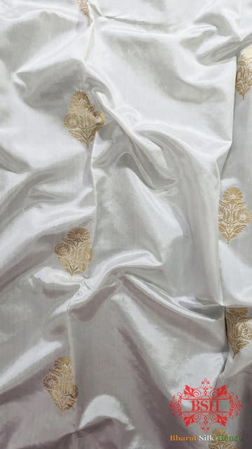 Pure Banarasi Handloom Katan Silk Dyeable Antique Zari Saree In Shades Of White - Bharat Silk House Pure Kataan Silk