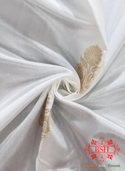 Pure Banarasi Handloom Katan Silk Dyeable Antique Zari Saree In Shades Of White - Bharat Silk House Pure Kataan Silk