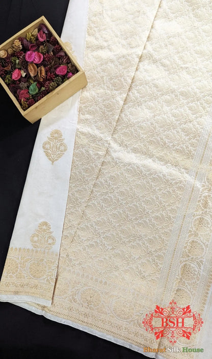 Pure Banarasi Handloom Katan Silk Dyeable Antique Zari Saree In Shades Of White - Bharat Silk House Pure Kataan Silk