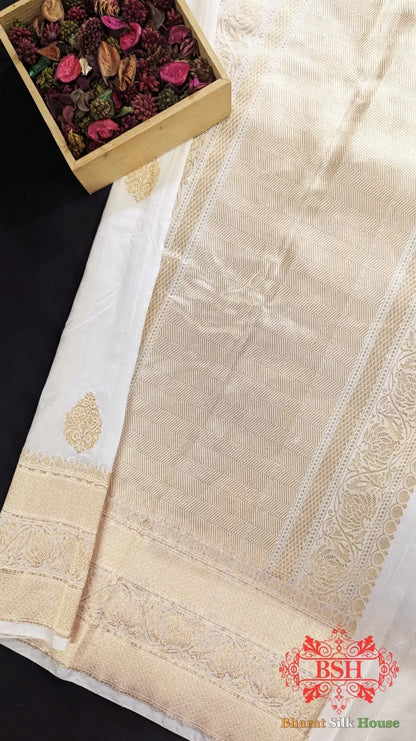 Pure Banarasi Handloom Katan Silk Dyeable Antique Zari Saree In Shades Of White - Bharat Silk House Pure Kataan Silk