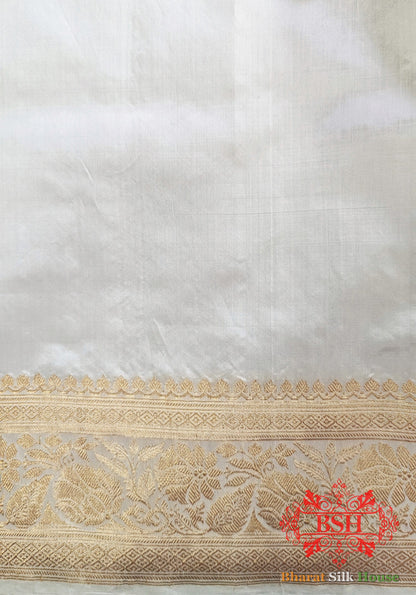 Pure Banarasi Handloom Katan Silk Dyeable Meenakaari Antique Zari Saree In Shades Of White - Bharat Silk House