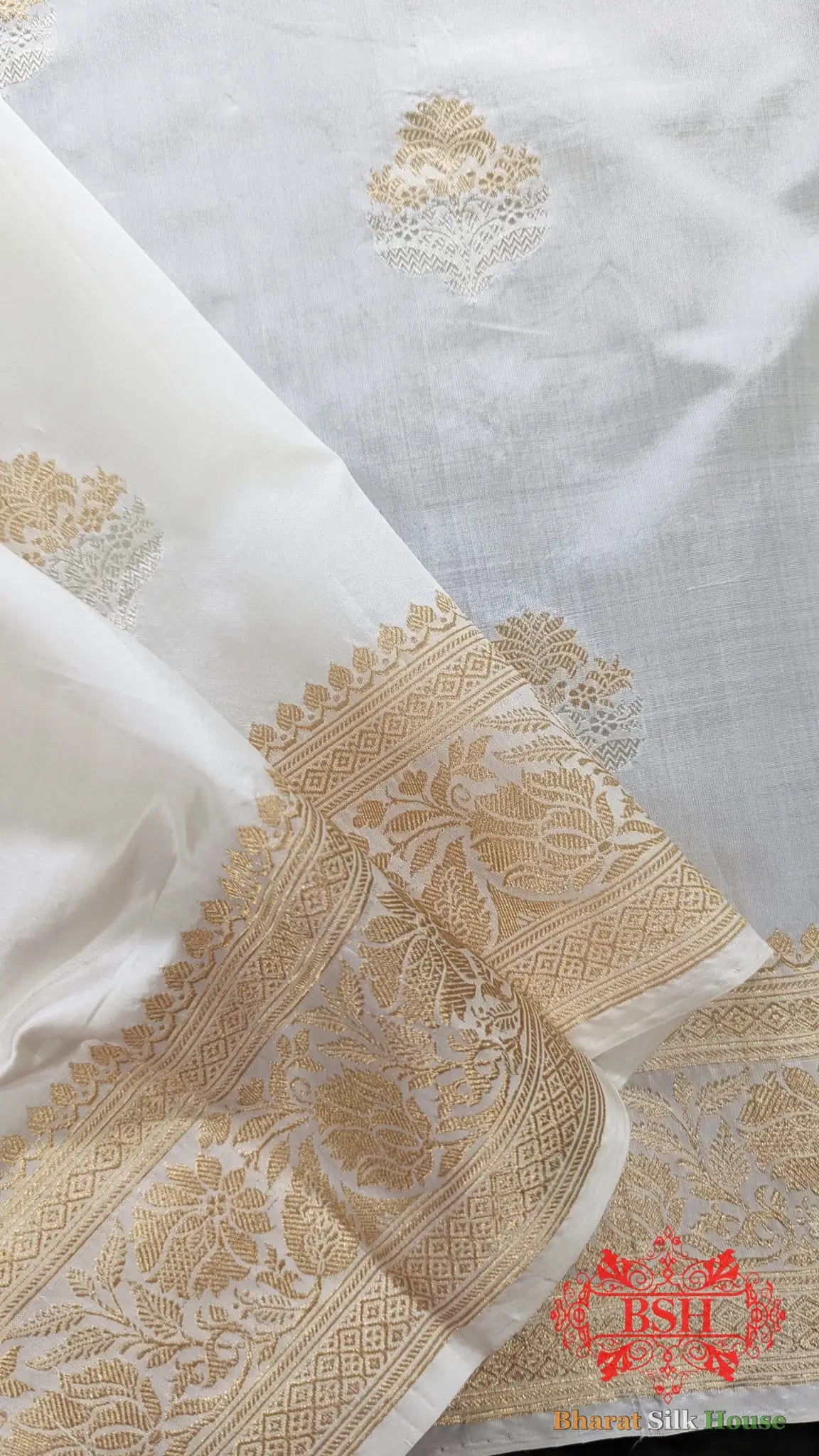 Pure Banarasi Handloom Katan Silk Dyeable Meenakaari Antique Zari Saree In Shades Of White - Bharat Silk House Pure Kataan Silk