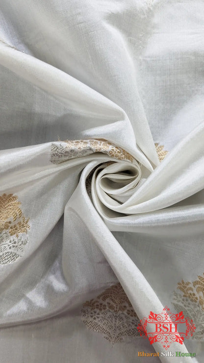 Pure Banarasi Handloom Katan Silk Dyeable Meenakaari Antique Zari Saree In Shades Of White - Bharat Silk House Pure Kataan Silk
