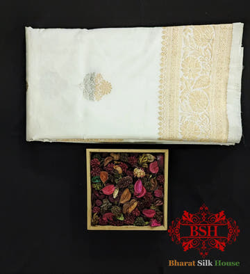 Pure Banarasi Handloom Katan Silk Dyeable Meenakaari Antique Zari Saree In Shades Of White - Bharat Silk House Pure Kataan Silk