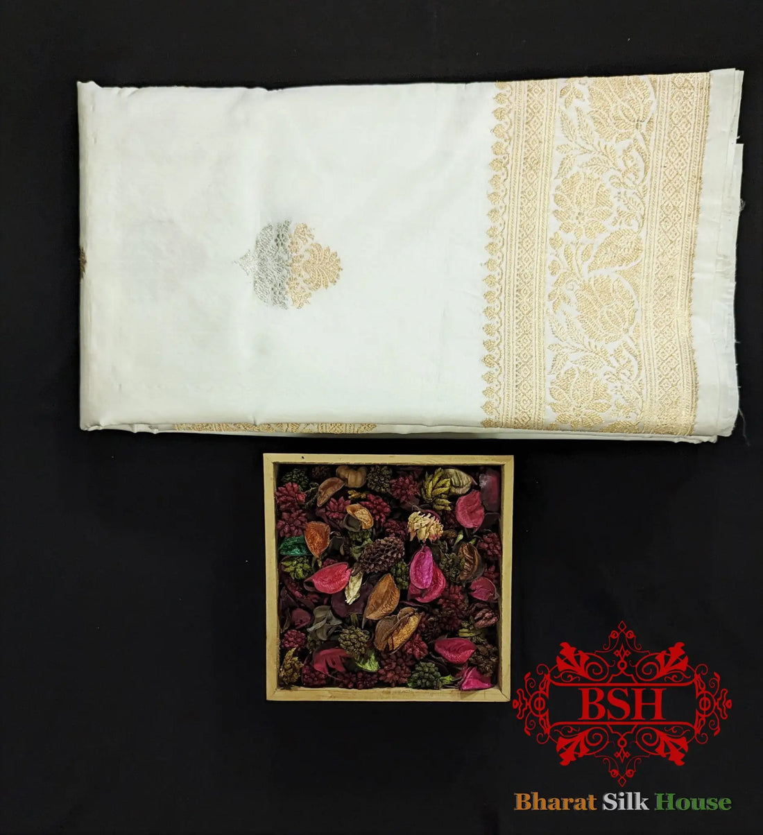 Pure Banarasi Handloom Katan Silk Dyeable Meenakaari Antique Zari Saree In Shades Of White - Bharat Silk House Pure Kataan Silk