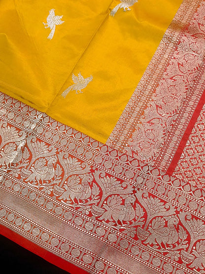 Pure Banarasi Handloom Katan Silk Gold Zari Saree In Shades of Golden Yellow / Red - Bharat Silk House Pure Kataan Silk