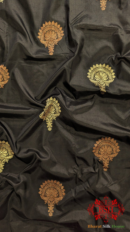 Pure Banarasi Handloom Katan Silk Meenakari Antique Double Zari Saree In Shades Of Black - Bharat Silk House