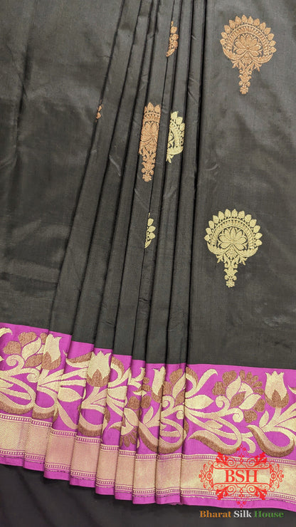 Pure Banarasi Handloom Katan Silk Meenakari Antique Double Zari Saree In Shades Of Black - Bharat Silk House