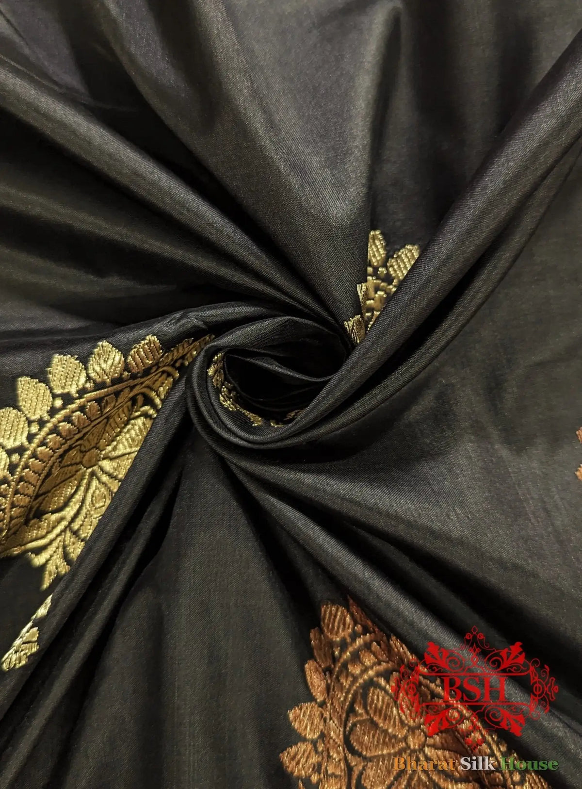 Pure Banarasi Handloom Katan Silk Meenakari Antique Double Zari Saree In Shades Of Black - Bharat Silk House Pure Kataan Silk