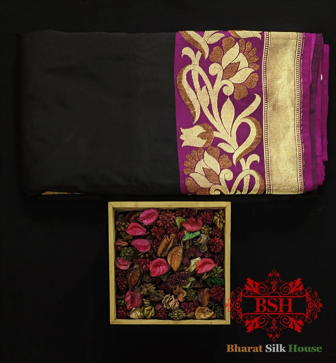 Pure Banarasi Handloom Katan Silk Meenakari Antique Double Zari Saree In Shades Of Black - Bharat Silk House Pure Kataan Silk