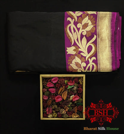 Pure Banarasi Handloom Katan Silk Meenakari Antique Double Zari Saree In Shades Of Black - Bharat Silk House Pure Kataan Silk