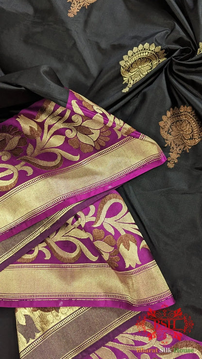 Pure Banarasi Handloom Katan Silk Meenakari Antique Double Zari Saree In Shades Of Black - Bharat Silk House Pure Kataan Silk
