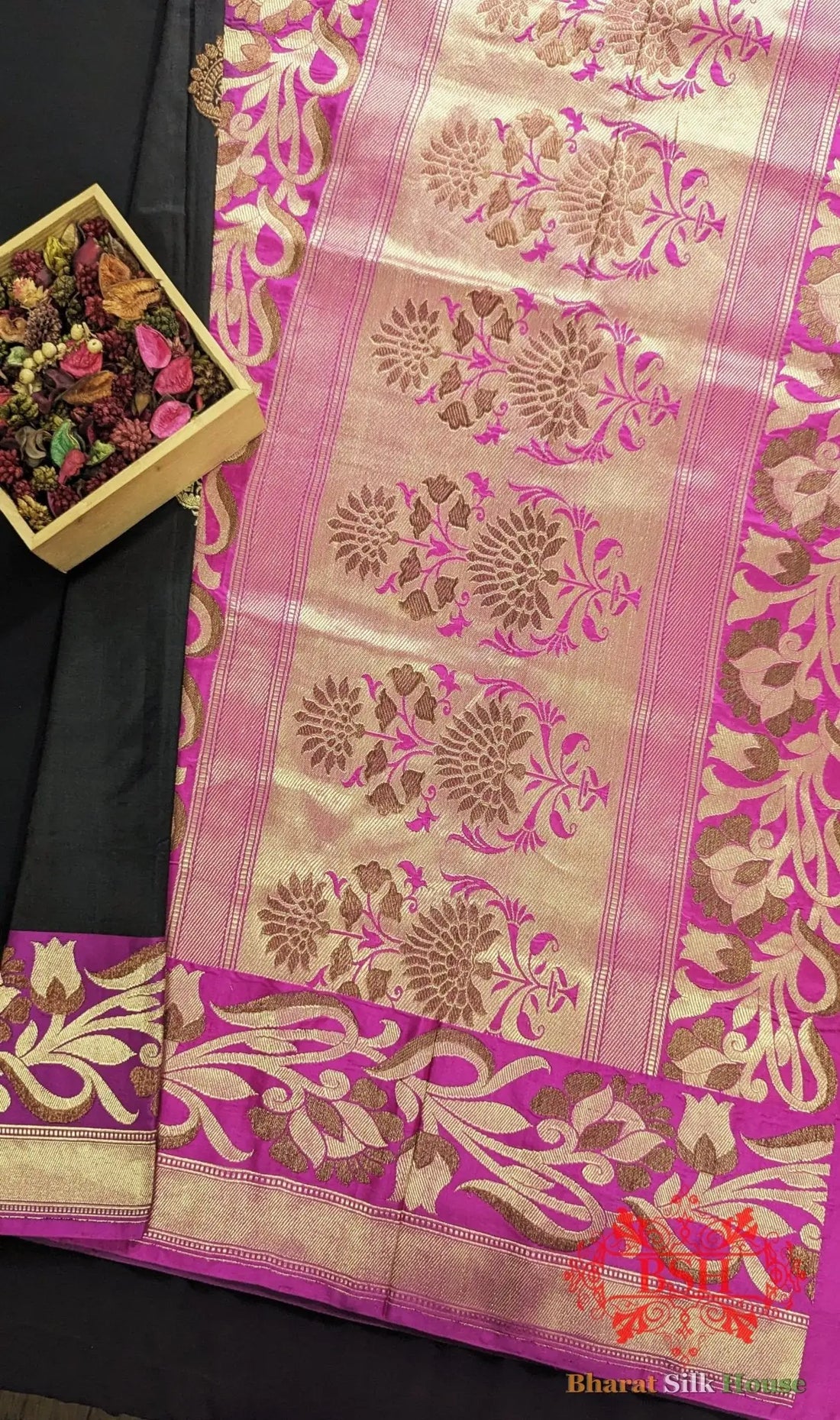 Pure Banarasi Handloom Katan Silk Meenakari Antique Double Zari Saree In Shades Of Black - Bharat Silk House Pure Kataan Silk