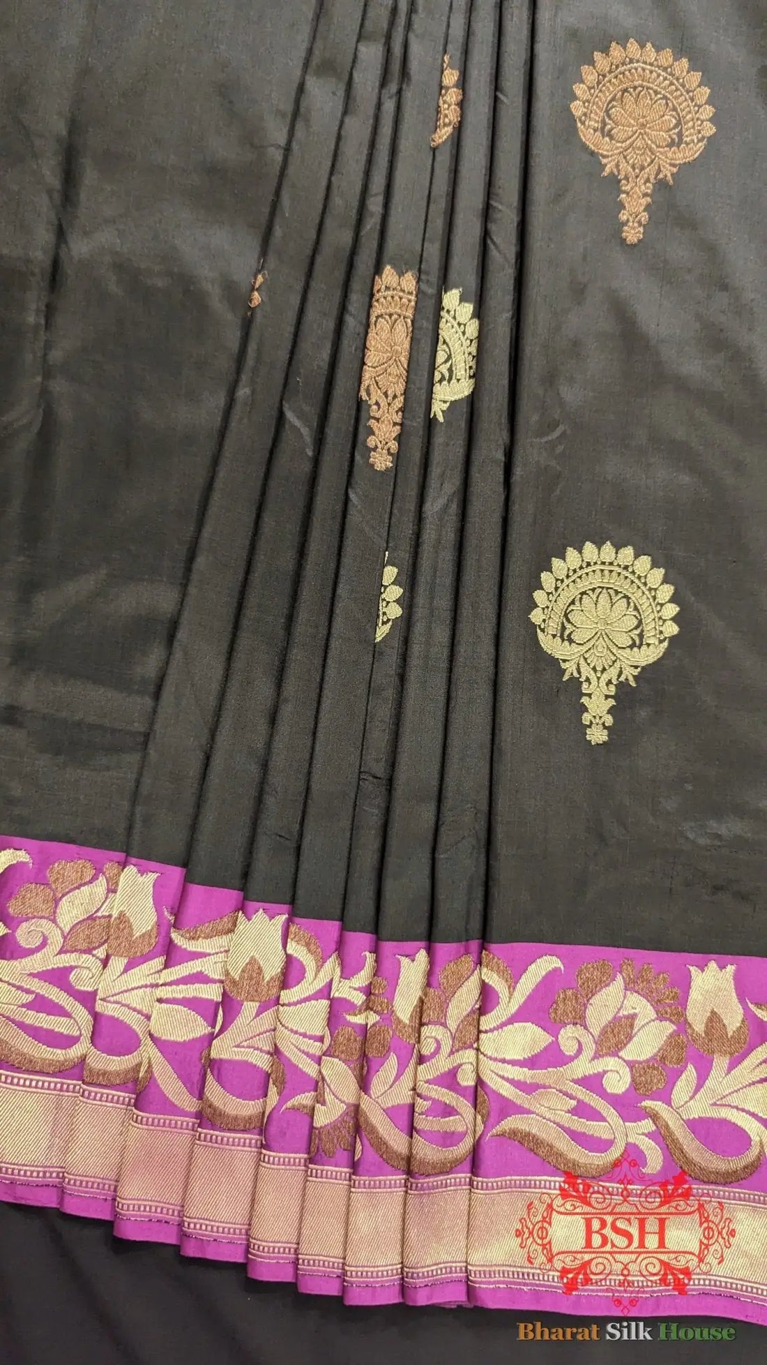 Pure Banarasi Handloom Katan Silk Meenakari Antique Double Zari Saree In Shades Of Black - Bharat Silk House Pure Kataan Silk