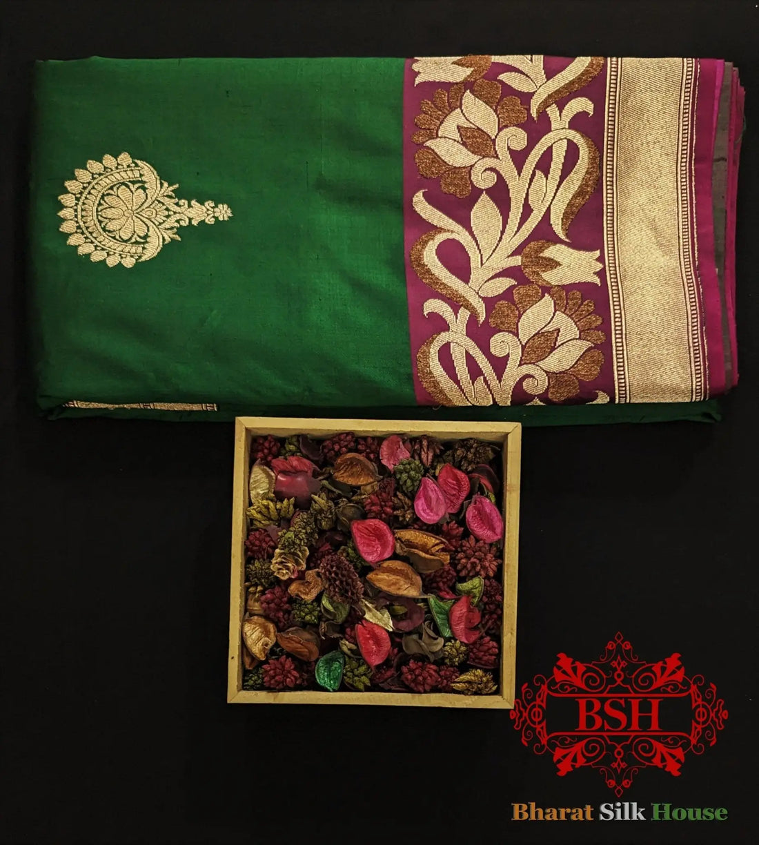Pure Banarasi Handloom Katan Silk Meenakari Antique Double Zari Saree In Shades Of Green - Bharat Silk House Pure Kataan Silk