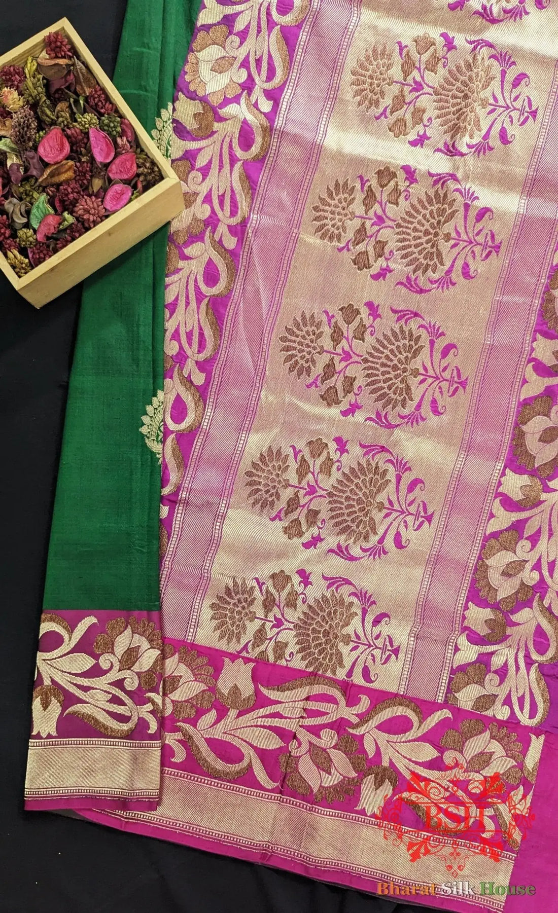 Pure Banarasi Handloom Katan Silk Meenakari Antique Double Zari Saree In Shades Of Green - Bharat Silk House Pure Kataan Silk