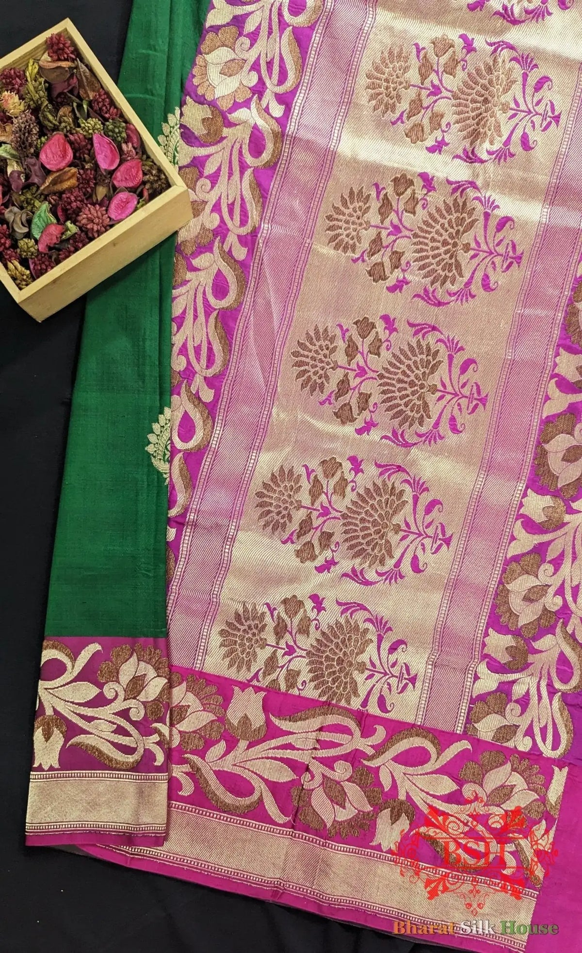 Pure Banarasi Handloom Katan Silk Meenakari Antique Double Zari Saree In Shades Of Green - Bharat Silk House Pure Kataan Silk