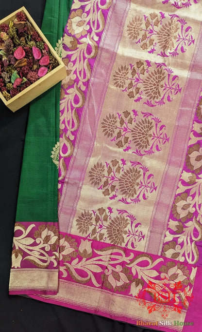 Pure Banarasi Handloom Katan Silk Meenakari Antique Double Zari Saree In Shades Of Green - Bharat Silk House Pure Kataan Silk