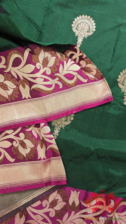 Pure Banarasi Handloom Katan Silk Meenakari Antique Double Zari Saree In Shades Of Green - Bharat Silk House Pure Kataan Silk
