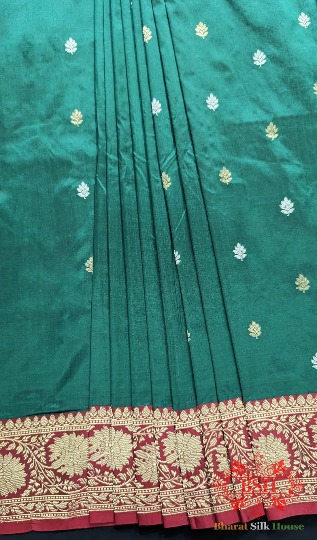 Pure Banarasi Handloom Katan Silk Meenakari Antique Golden Zari Saree In Shades Of Green - Bharat Silk House Pure Kataan Silk