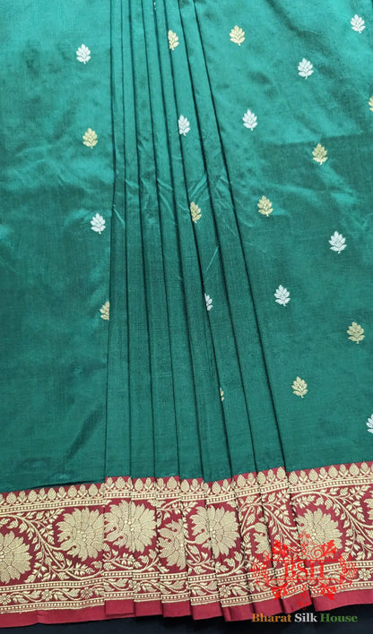 Pure Banarasi Handloom Katan Silk Meenakari Antique Golden Zari Saree In Shades Of Green - Bharat Silk House Pure Kataan Silk