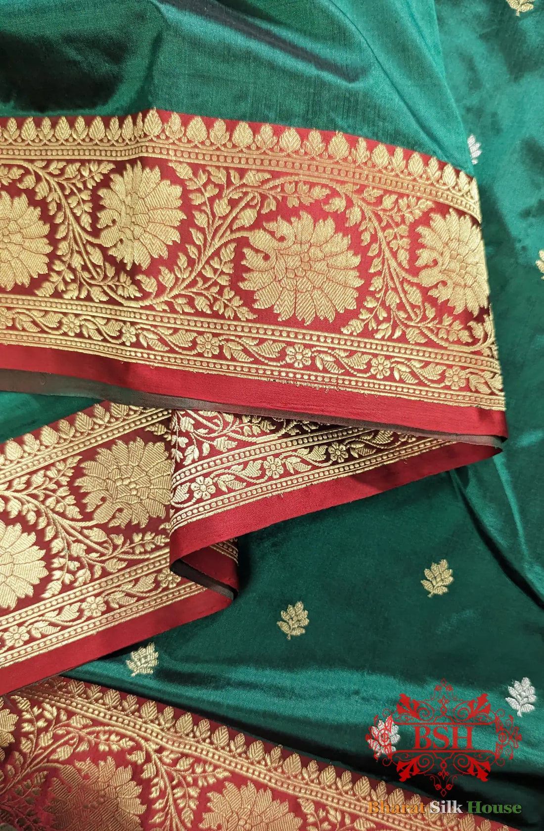 Pure Banarasi Handloom Katan Silk Meenakari Antique Golden Zari Saree In Shades Of Green - Bharat Silk House Pure Kataan Silk