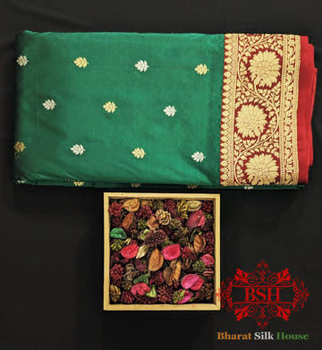 Pure Banarasi Handloom Katan Silk Meenakari Antique Golden Zari Saree In Shades Of Green - Bharat Silk House Pure Kataan Silk