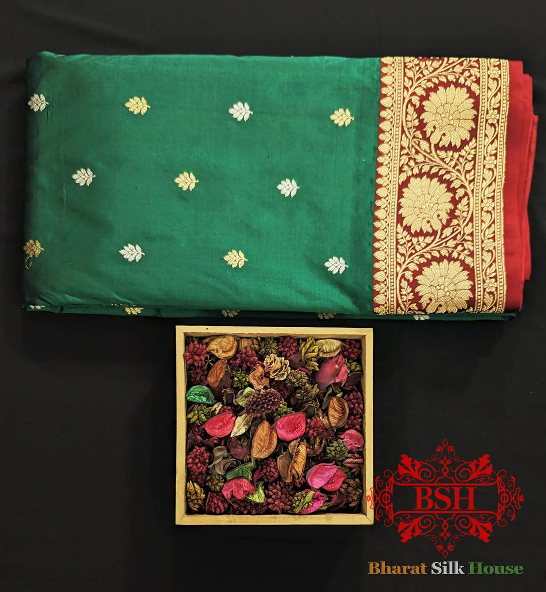 Pure Banarasi Handloom Katan Silk Meenakari Antique Golden Zari Saree In Shades Of Green - Bharat Silk House Pure Kataan Silk