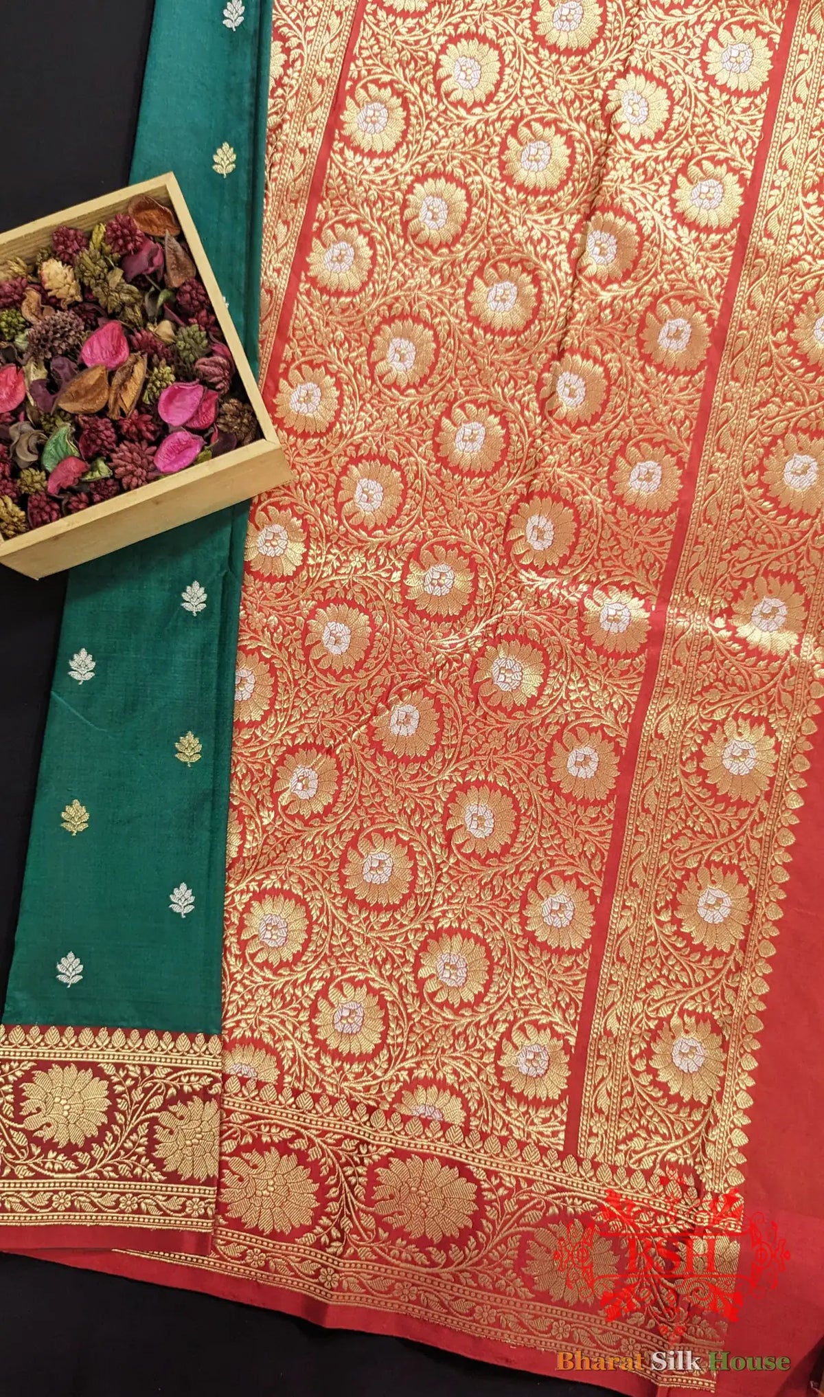 Pure Banarasi Handloom Katan Silk Meenakari Antique Golden Zari Saree In Shades Of Green - Bharat Silk House Pure Kataan Silk