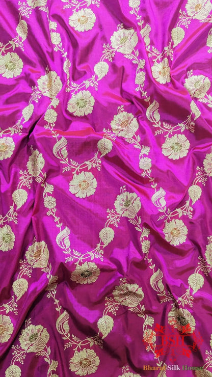 Pure Banarasi Handloom Katan Silk Meenakari Antique Golden Zari Saree In Shades Of Rani - Bharat Silk House Pure Kataan Silk