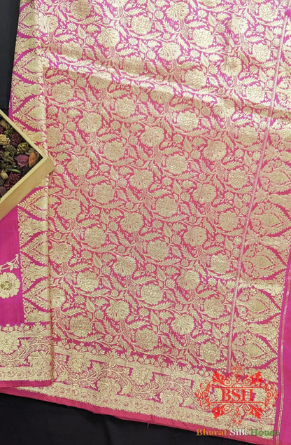 Pure Banarasi Handloom Katan Silk Meenakari Antique Golden Zari Saree In Shades Of Rani - Bharat Silk House Pure Kataan Silk