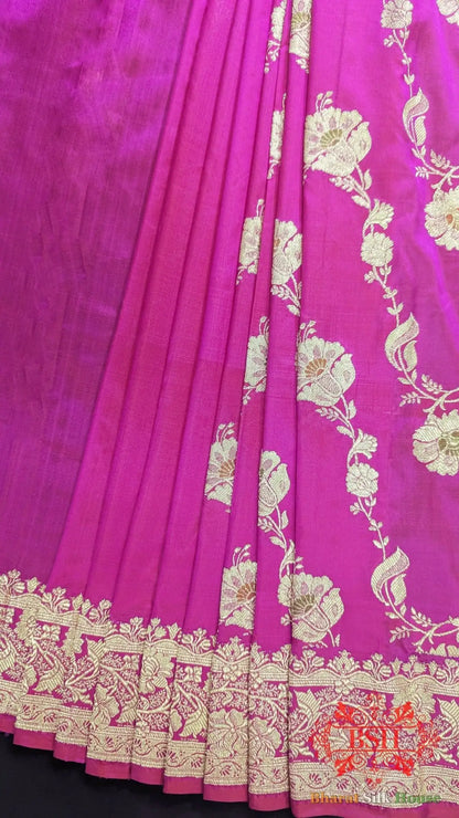 Pure Banarasi Handloom Katan Silk Meenakari Antique Golden Zari Saree In Shades Of Rani - Bharat Silk House Pure Kataan Silk