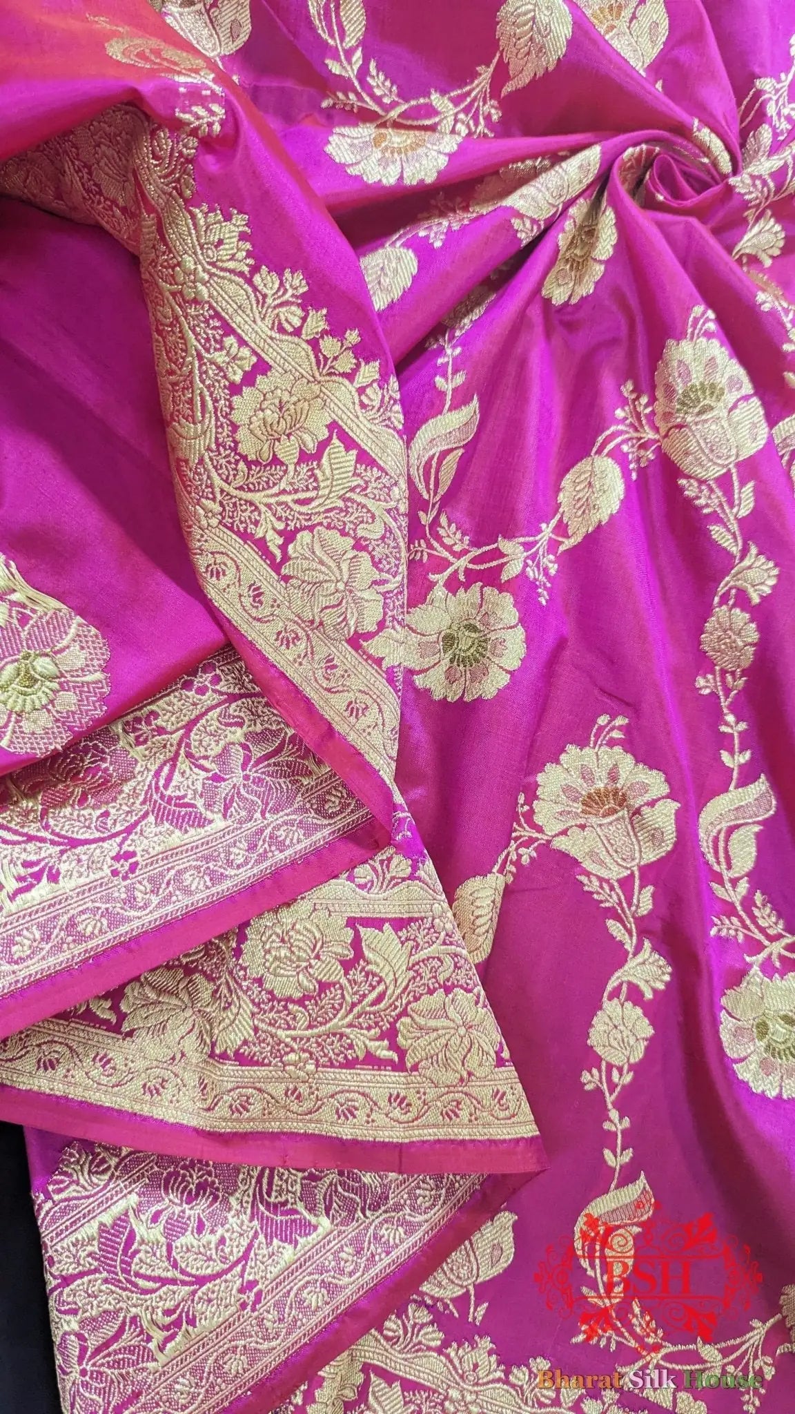 Pure Banarasi Handloom Katan Silk Meenakari Antique Golden Zari Saree In Shades Of Rani - Bharat Silk House Pure Kataan Silk