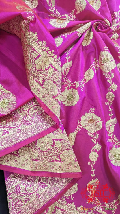 Pure Banarasi Handloom Katan Silk Meenakari Antique Golden Zari Saree In Shades Of Rani - Bharat Silk House Pure Kataan Silk