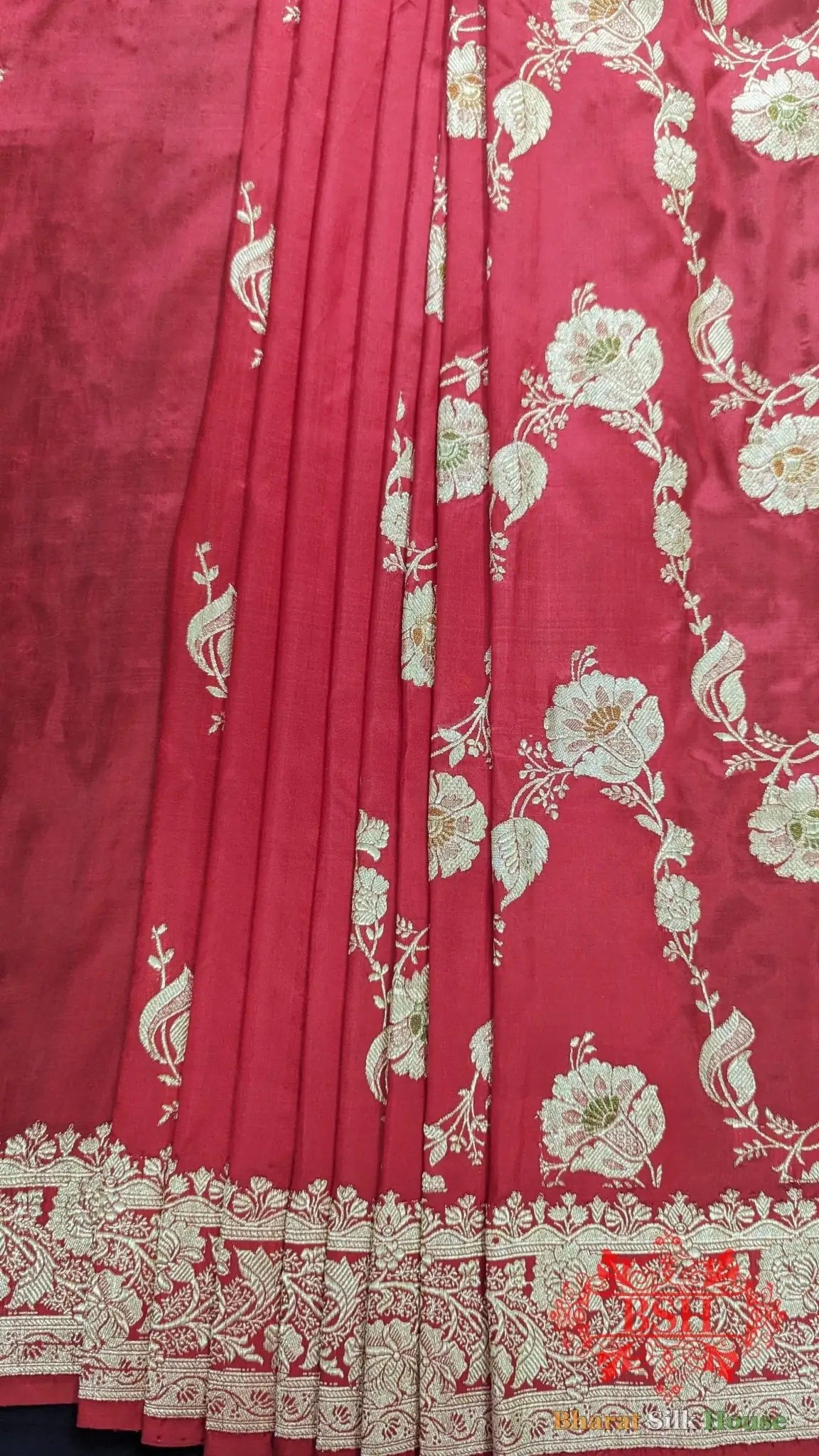 Pure Banarasi Handloom Katan Silk Meenakari Antique Golden Zari Saree In Shades Of Red - Bharat Silk House Pure Kataan Silk