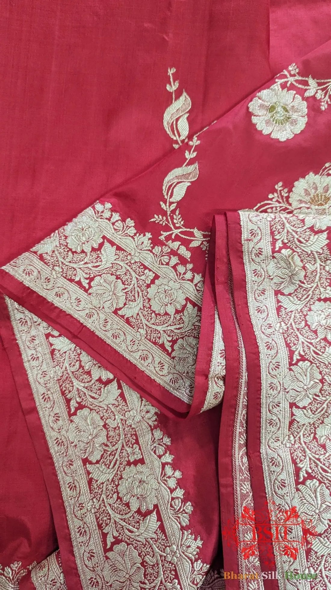 Pure Banarasi Handloom Katan Silk Meenakari Antique Golden Zari Saree In Shades Of Red - Bharat Silk House Pure Kataan Silk