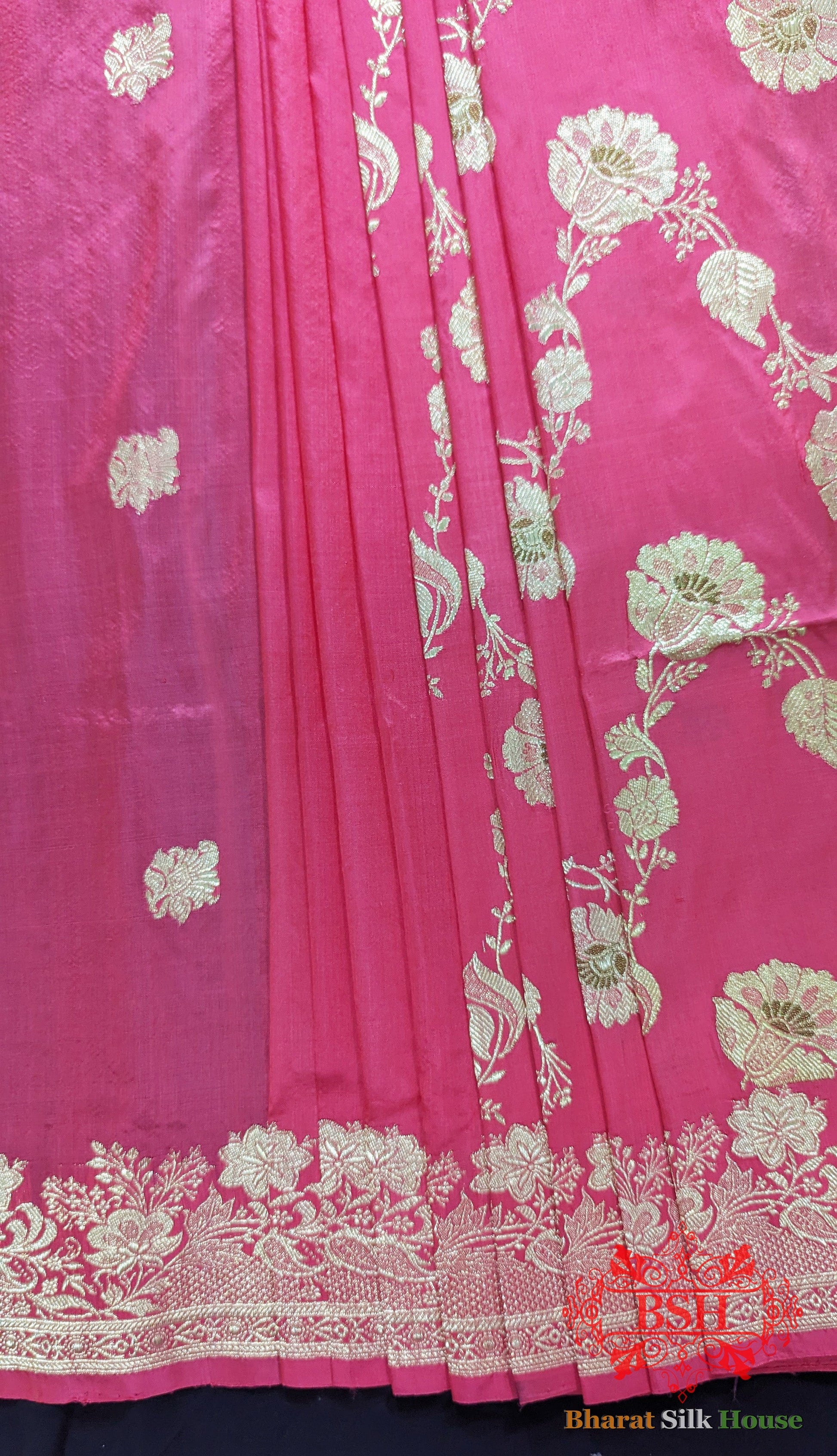 Pure Banarasi Handloom Katan Silk Meenakari Antique Golden Zari Saree In Shades Of Strawberry - Bharat Silk House