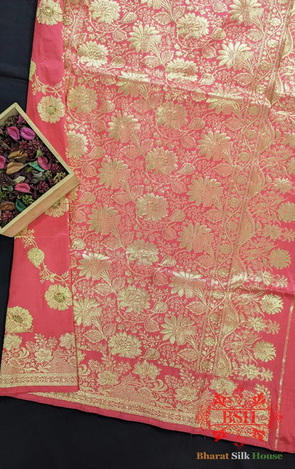 Pure Banarasi Handloom Katan Silk Meenakari Antique Golden Zari Saree In Shades Of Strawberry - Bharat Silk House Pure Kataan Silk